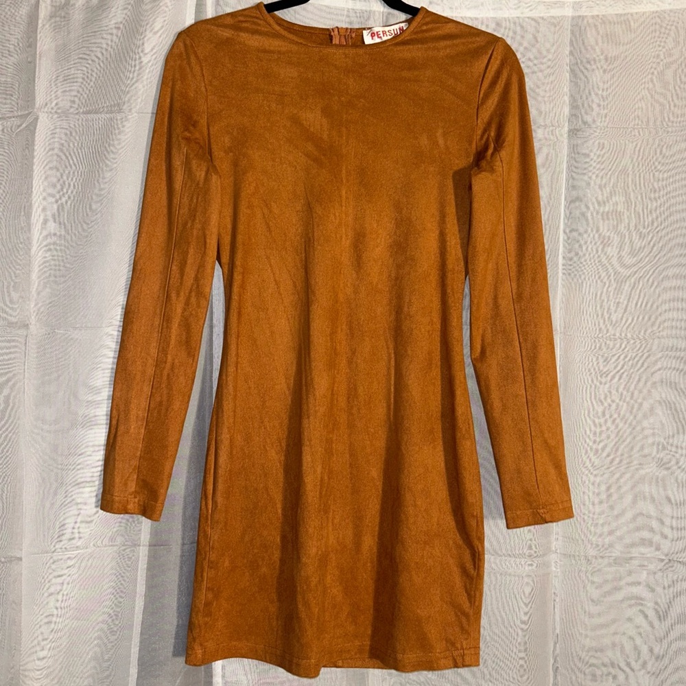 M - Suede Long Sleeve Mini Dress - Orange/Brown